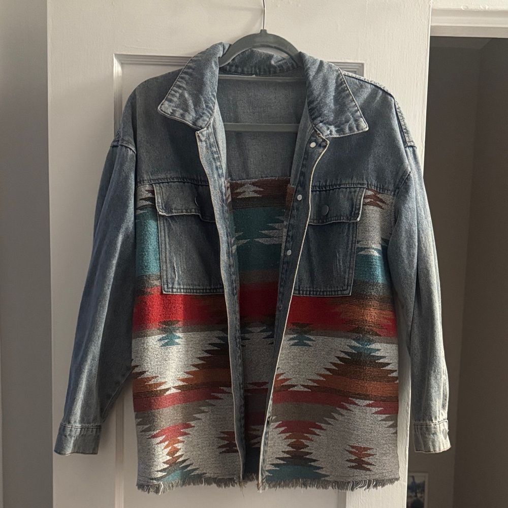 Denim Jacket with Southwestern Pattern